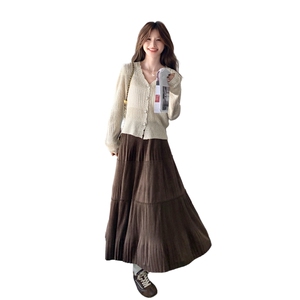 高级感轻奢气质显瘦针织上衣女初秋高腰复古丝绒半身裙两件套装图片
