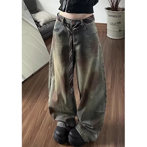 脏染水洗做旧直筒牛仔裤男女微喇复古宽松阔腿长裤拖地 NB5140图片