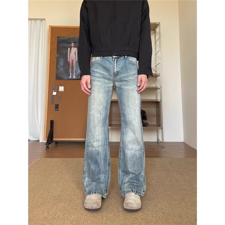 美式复古水洗浅蓝色cleanfit牛仔裤男女竹节纹微喇vintage直筒裤,男装牛仔裤,星座506A