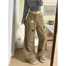 美拉德穿搭卡其色刺绣牛仔裤子女款秋季设计感高腰宽松直筒阔腿裤，男装牛仔裤，星座813-2