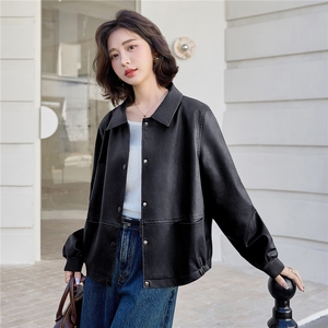 复古咖色翻领皮衣短外套女2025秋季新款宽松休闲洋气百搭夹克上衣图片