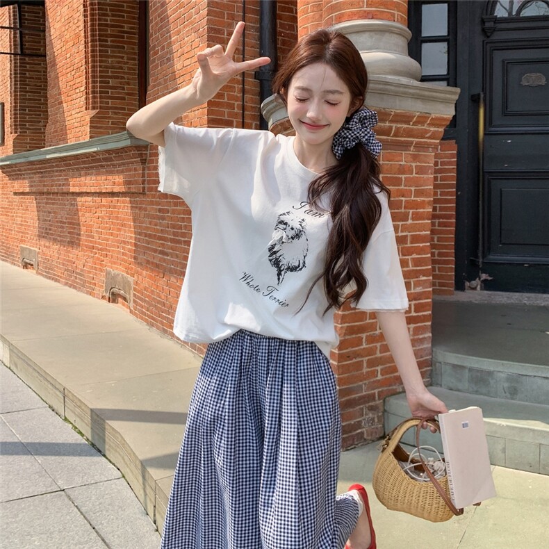 慵懒风印花T恤格子阔腿裙裤套装女2025夏季新款休闲小个子两件套,女装套装/套裙,千寻