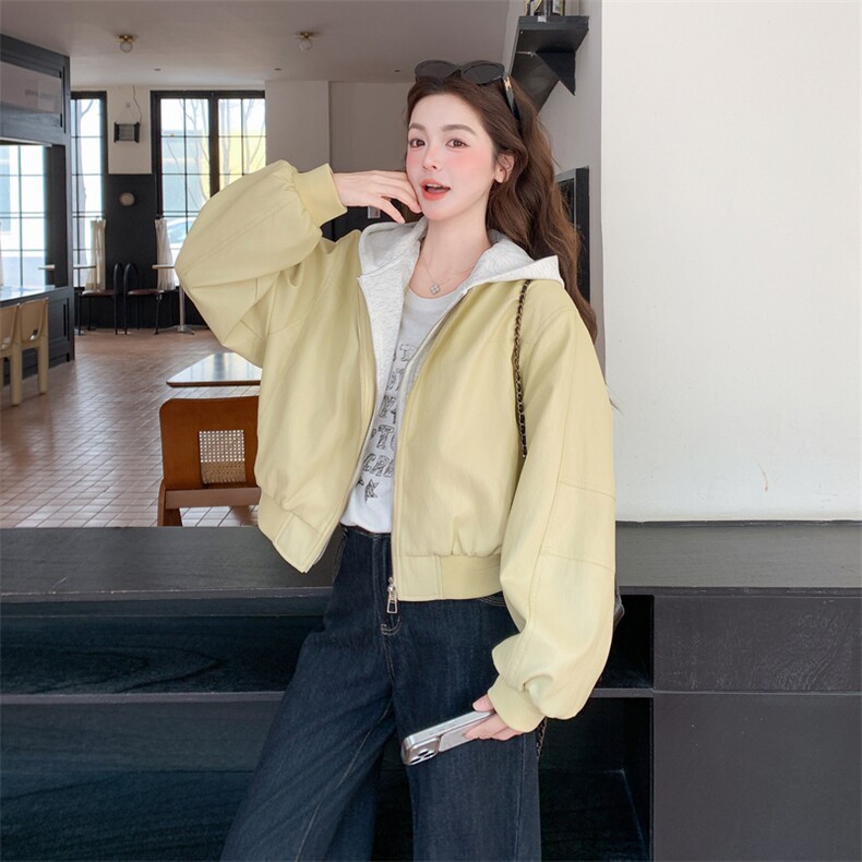 2B081-7707-P160-K238春季2026新款连帽短款皮衣夹克假两件外套,女装短外套,2B081