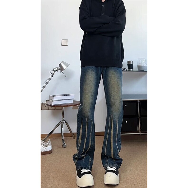 美式ins高街hiphop微喇扎染牛仔裤货号K2313P55控78图片