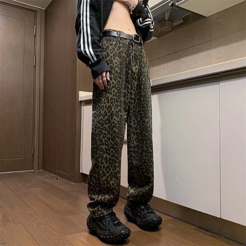 欧美高街vibe高腰豹纹裤子男冬美式窄版微喇叭直筒牛仔裤腰带潮牌,男装休闲裤,星座1109-3