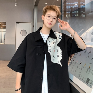 2026夏装潮男新中式印花盘扣短袖五分袖衬衫 CS980/特P35 黑色图片