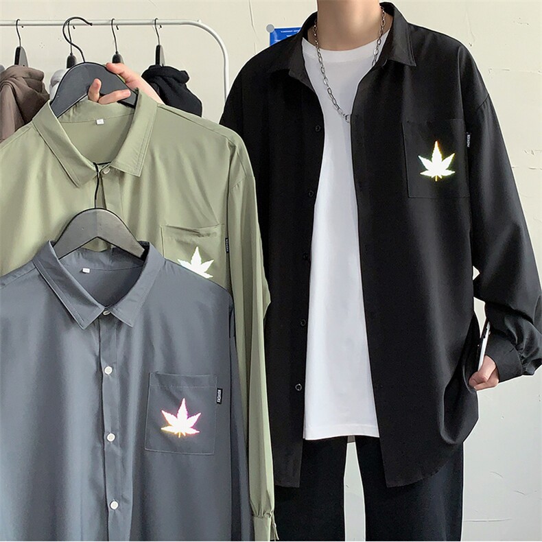 20港风新款男女情侣枫叶反光印花衬衫学生衬衣外套504-W2036-P32,男装衬衫,星座504