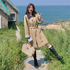条纹翻边风衣外套女春秋2025新款韩系高级感收腰洋气中长款大衣，女装风衣，蝶眷