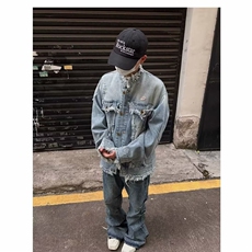 美式重工水洗做旧流苏毛边牛仔夹克男女复古潮牌休闲情侣外套上衣，男装工装外套，星座813-3