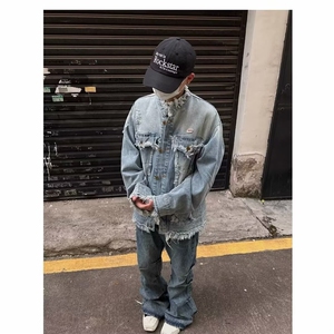 美式重工水洗做旧流苏毛边牛仔夹克男女复古潮牌休闲情侣外套上衣图片