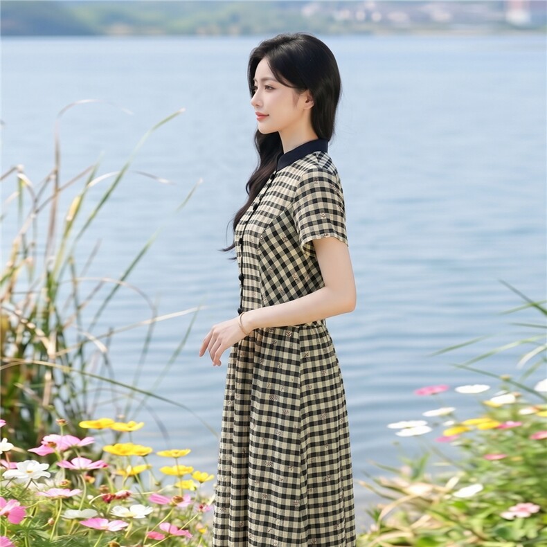 弹力面料学院风格纹连衣裙女春夏收腰显瘦中长裙格子裙子,女装连衣裙,水衣源