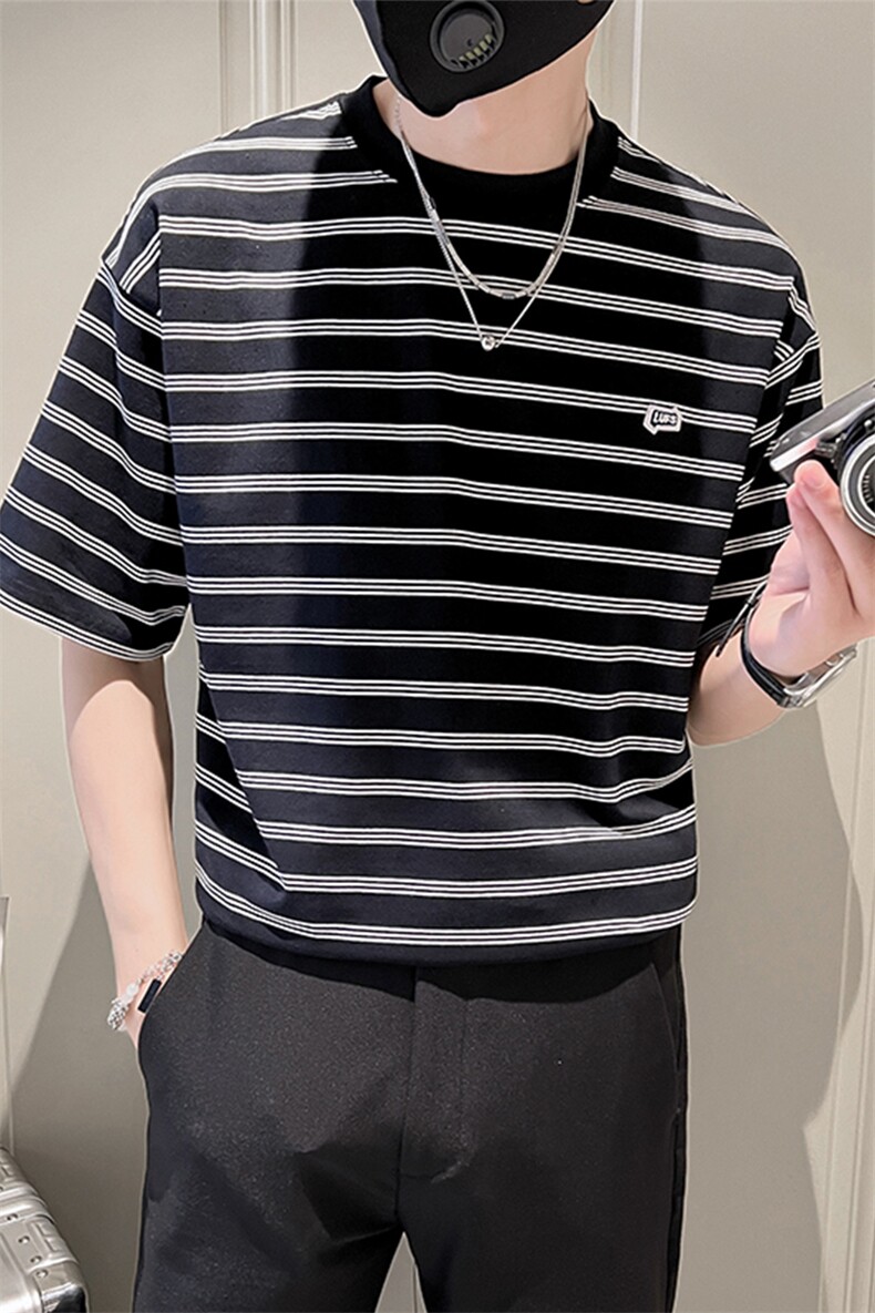 23轻奢风社会小伙夏季条纹圆领短袖T恤男半袖TZ91P50控78,男装T恤,电商B413