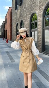 韩版泡泡袖衬衫风衣背心裙两件套图片