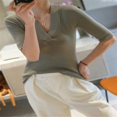 气质V领短袖羊绒衫女薄款半袖修身显瘦羊毛针织五分袖T恤打底衫，女装针织衫/毛衣，百纯羊绒