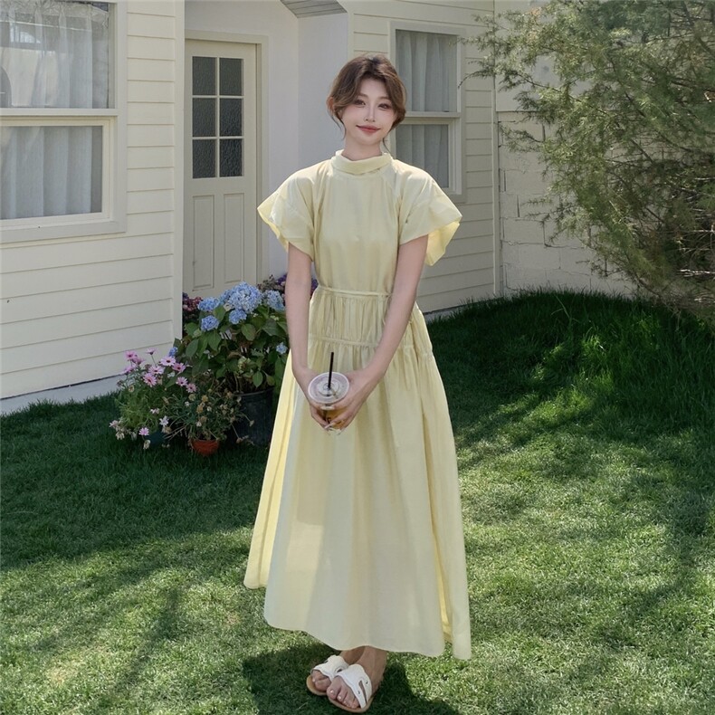 黄色甜美泡泡袖法式桔梗a字长裙女夏季新款女神范气质显瘦连衣裙,女装连衣裙,2C216