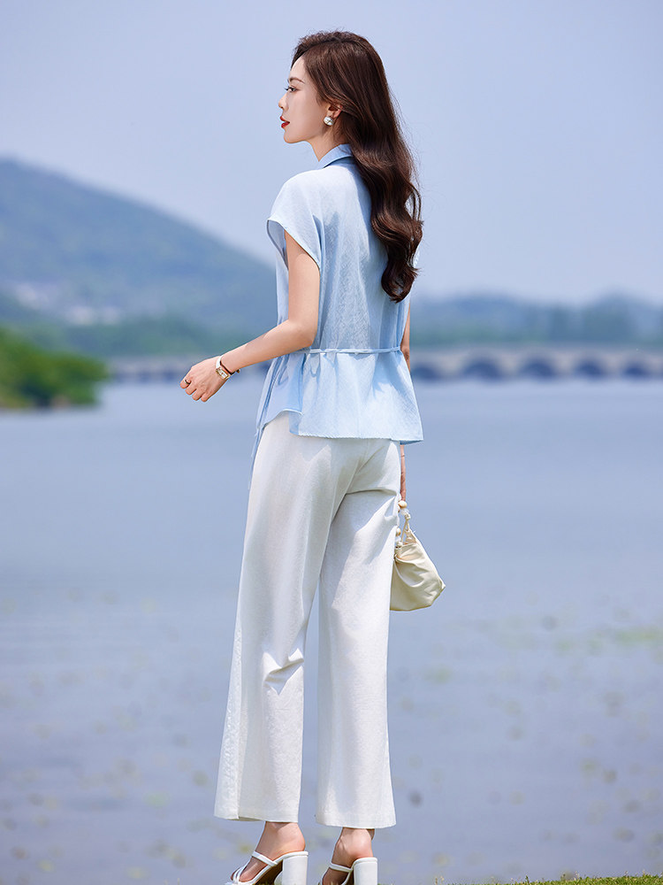 时尚休闲套装女夏季薄款2025新款高级感减龄短袖衬衫阔腿裤两件套,女装套装/套裙,靓衣阁