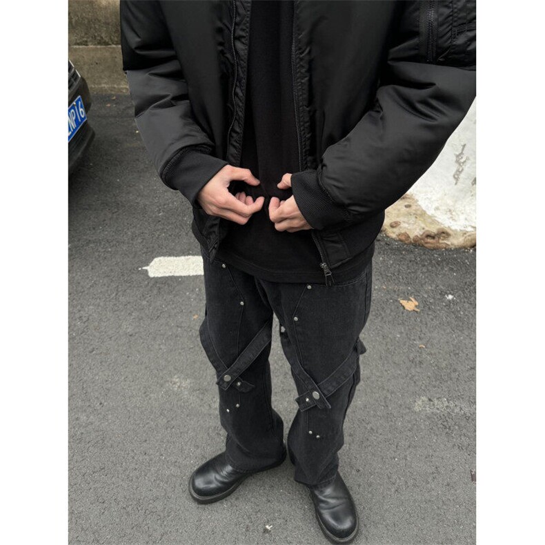 美式hiphop裤子高街vibe交叉绑带牛仔裤修身直筒微喇叭裤,男装牛仔裤,星座310A-4