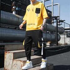 新款夏季短袖套装男休闲运动九分裤T恤宽松上衣两件套F160P75，男装休闲套装，电商A086