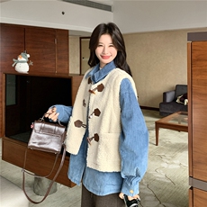 加棉蓝色衬衫棉服叠穿羊羔毛马甲套装女2025冬季新款学院风两件套，女装套装/套裙，2C293