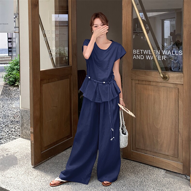 2025夏季韩系穿搭松弛感慵懒风小收腰上衣阔腿裤两件套,女装套装/套裙,欧黛芙妮
