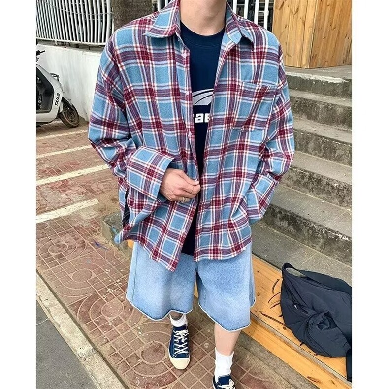 格子衬衫男女早春季上衣设计感小众高级感法式别致长袖衬衣,男装衬衫,星座410-6（原星座1304-1）
