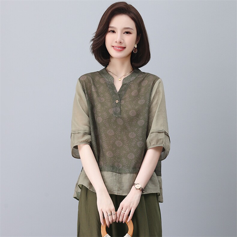 苎麻休闲女夏2025新款大码中年妈妈小个子洋气减龄棉麻，女装T恤，忆绮罗