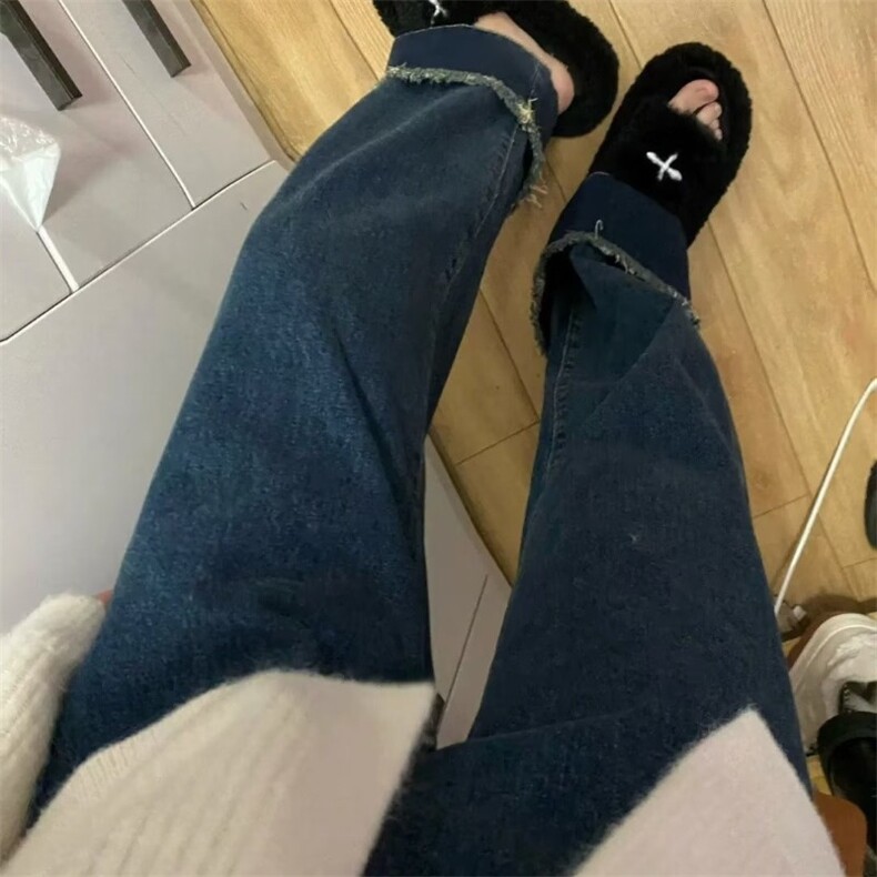 复古牛仔直筒裤女春秋款大码高腰宽松梨形身材显瘦撞色卷边阔腿裤,男装牛仔裤,星座1210-1