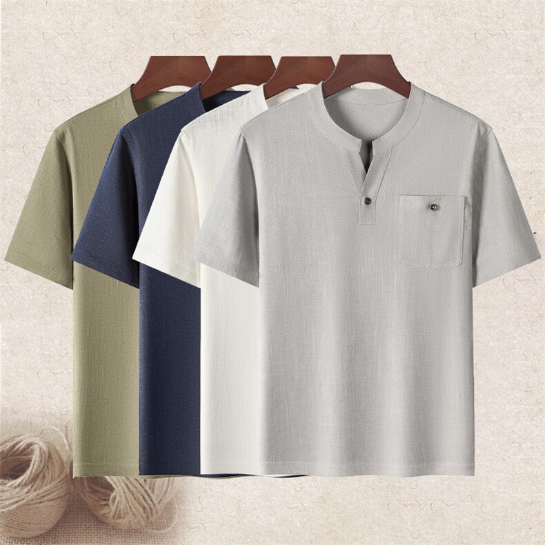 主推高端中老年风亚麻短袖t恤男大码唐装中年棉麻T恤上衣，男装T恤，钱塘723