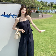 藏青色氛围感辣妹牛仔吊带背心套装女夏新款洋气薄款阔腿裤两件套，女装套装/套裙，2C271