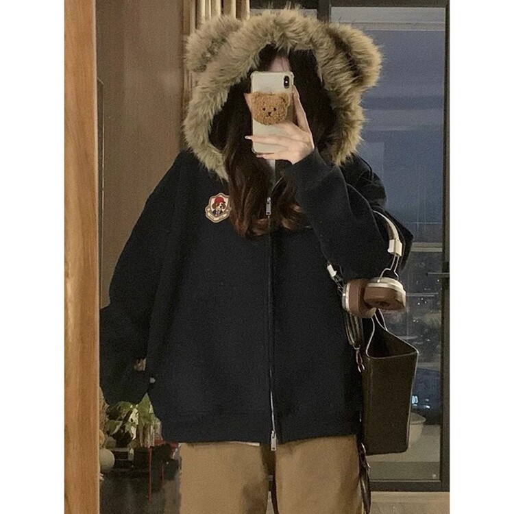 美式学院风小熊耳朵毛领夹克男女秋季潮牌百搭情侣棒球服宽松外套,男装夹克,星座218-8