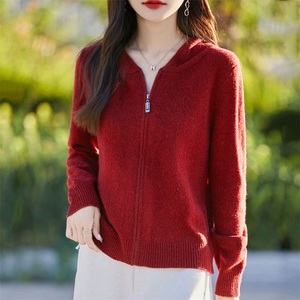纯棉线连帽开衫女双拉链宽松全棉厚款针织毛衣不起球秋季外套图片