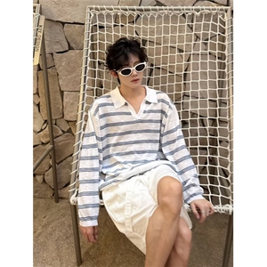 夏季薄款撞色条纹针织长袖T恤男女宽松休闲慵懒防晒上衣 T5607图片