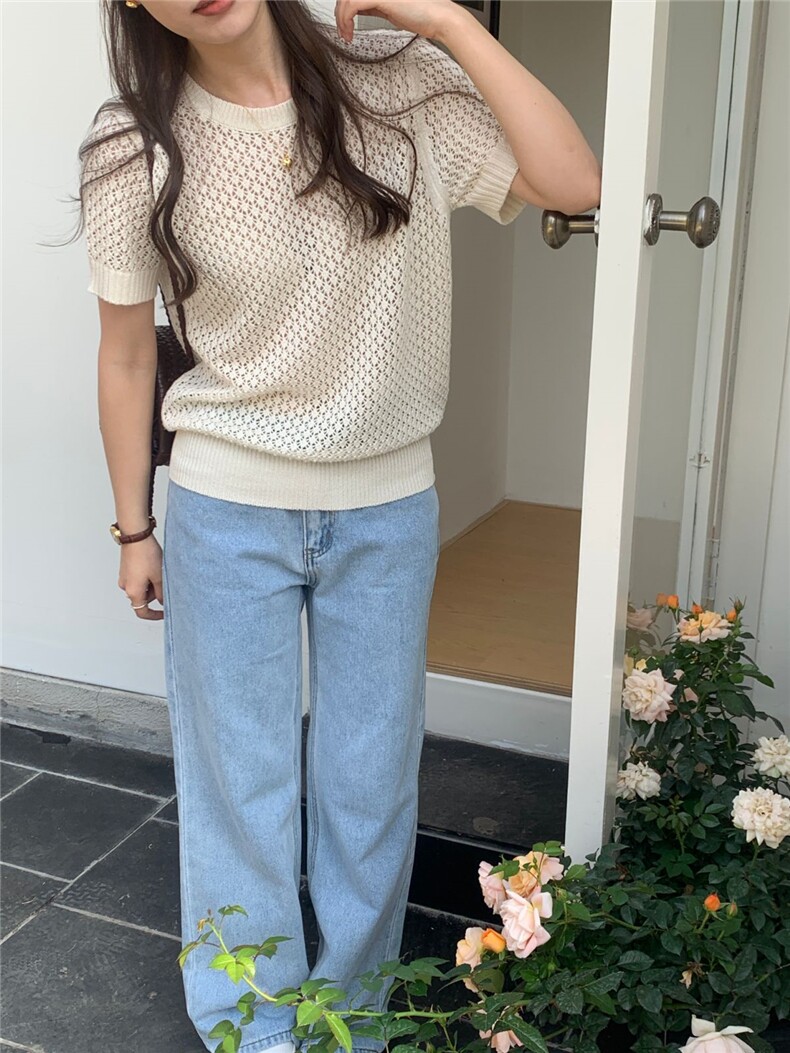 夏季新款短袖t恤女薄款圆领针织宽松百搭半袖上衣,女装T恤,斯尔特羊绒