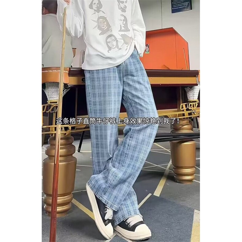 格子牛仔裤男夏薄款痞帅炸街裤子美式高街宽松直筒微喇裤K6640,男装牛仔裤,星座1116A（原606A-3）
