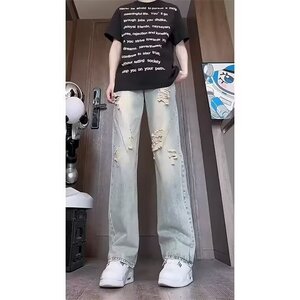 蓝色黑色美式复古牛仔裤男夏季薄款破洞牛仔裤潮 NT1722-P45 网图图片