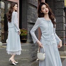 现货2026年春季新款女时尚气质优雅风通用蕾丝拼接两件套装连衣裙，女装套装/套裙，奋斗女王