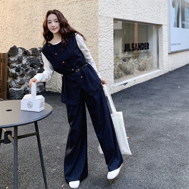 轻熟风牛仔马甲套装女2025秋季新款松弛感气质上衣阔腿裤潮三件套,女装套装/套裙,2C129