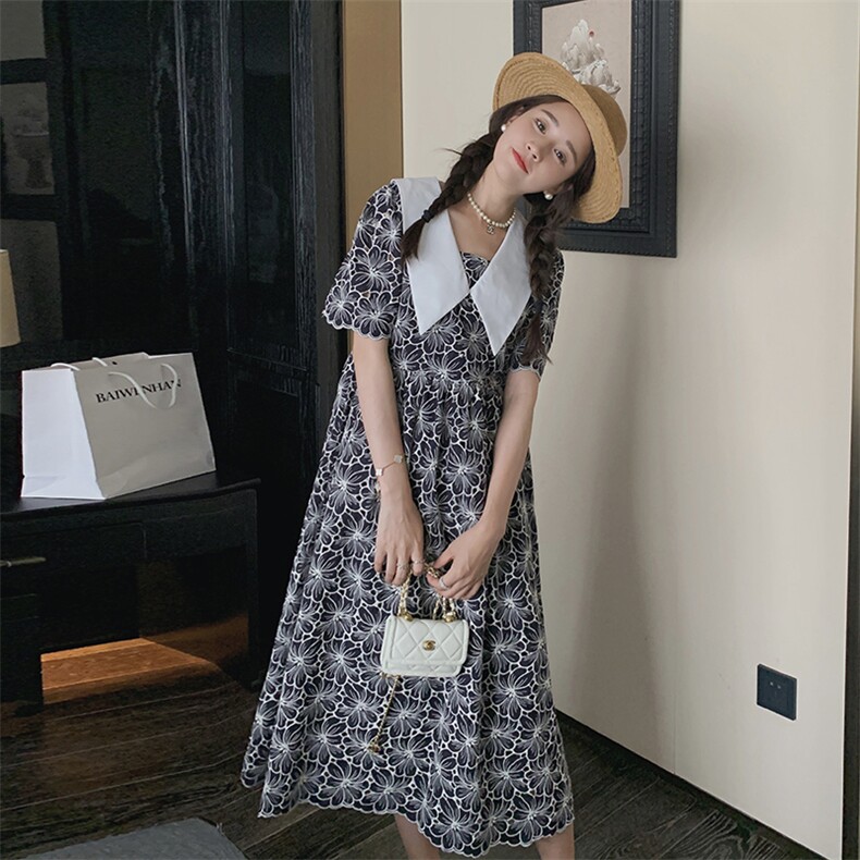 新品[重工]镂空刺绣复古V领连衣裙2C075-133-P135控188,女装连衣裙,菡迪欧娜
