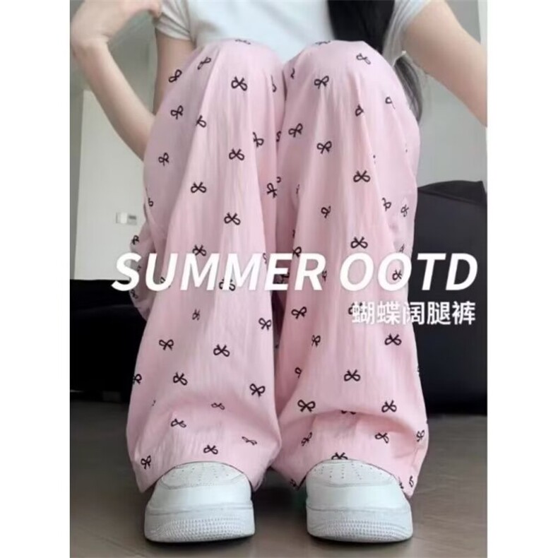 蝴蝶结高腰棉麻长裤女夏宽松显瘦百搭直筒阔脚拖地薄款休闲九分裤,男装休闲裤,星座1210-1