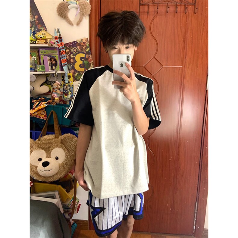 抖音得物品质二开240克宽松纯棉美式潮牌插肩三杠织带短袖T恤,男装T恤,电商A486-1