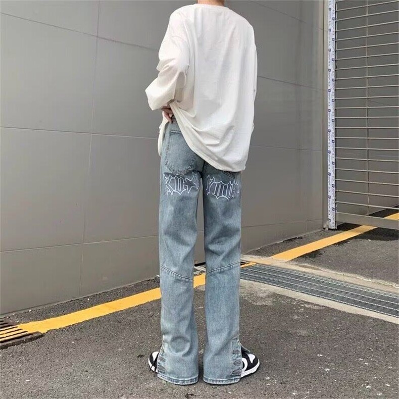 美式高街字母刺绣牛仔裤男vibe街头嘻哈风潮牌纽扣开叉宽松阔腿裤,男装牛仔裤,星座506A