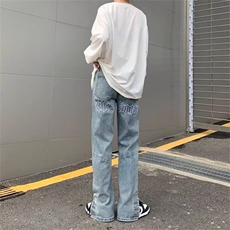 美式高街字母刺绣牛仔裤男vibe街头嘻哈风潮牌纽扣开叉宽松阔腿裤，男装牛仔裤，星座506A
