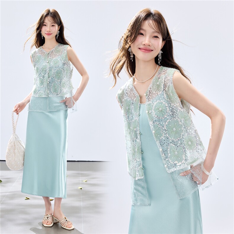 夏季新款现货！2026小清新重工盘花珍珠亮片马甲+珍珠缎面长裙女，女装套装/套裙，央宝儿