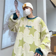 美式圆领男慵懒风休闲针织衫星星提花圆领包边毛衣M13-P45，男装针织衫/毛衣，星座1109-3