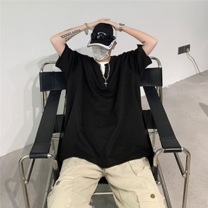 假两件拼接撞色宽松圆领短袖T恤男女夏季百搭潮流上衣~TX077-p38图片