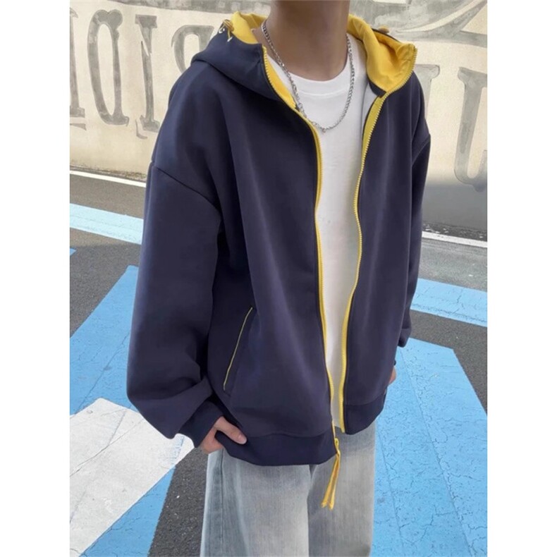 撞色拉炼开衫连帽卫衣男款秋季cleanfit宽松休闲情侣外套WYM510图片