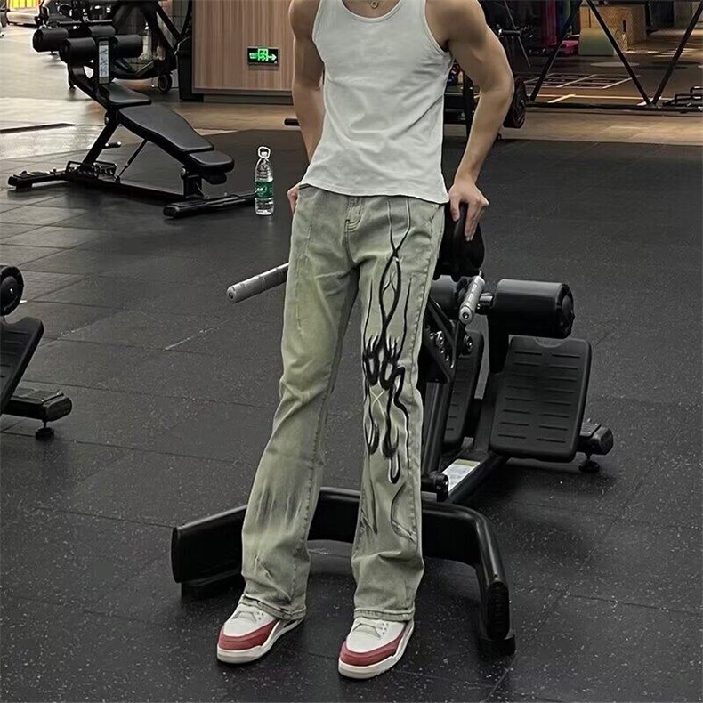 DN821-P60美式水洗复古微喇叭牛仔裤男火焰印花显瘦裤-网图现货,男装牛仔裤,星座603-2