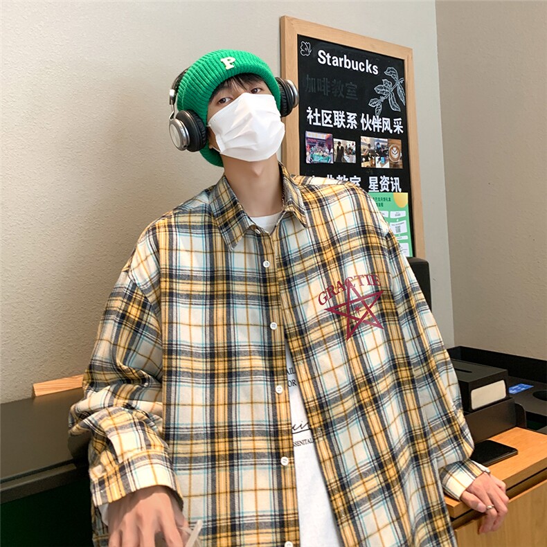 港风24春季新款时尚格子印花宽松翻领衬衫外套S82P38控58,男装衬衫,电商A247