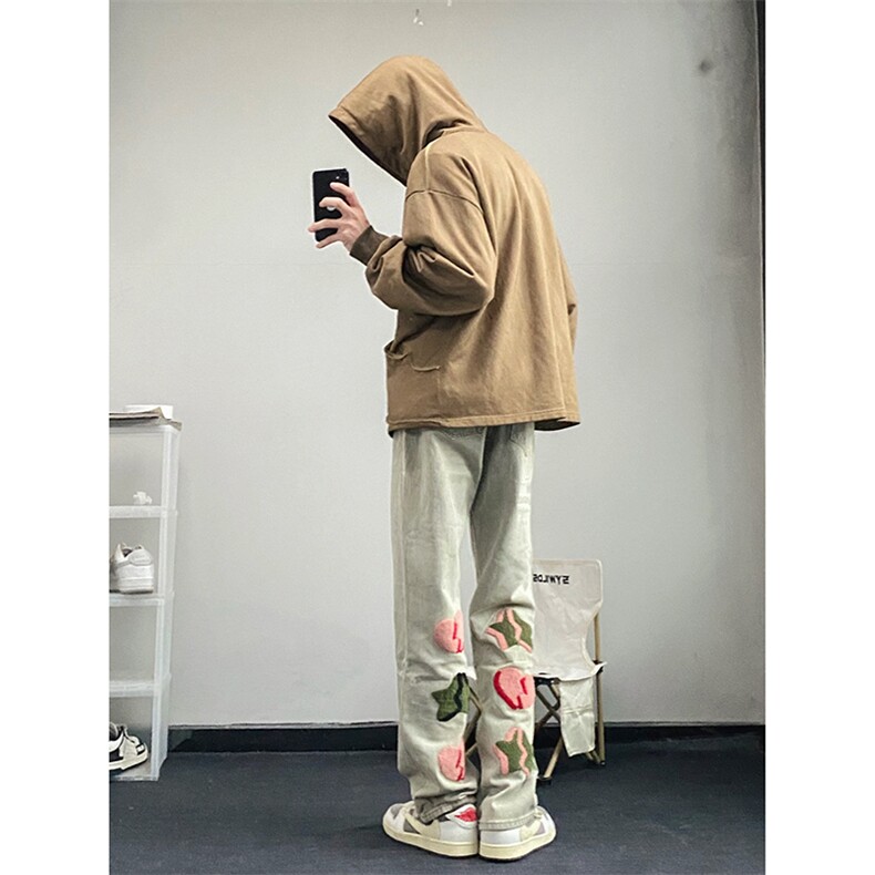 B221美式ins高街暗黑小众情侣毛巾绣直筒牛仔裤LK23021-P65控88,男装牛仔裤,电商B221