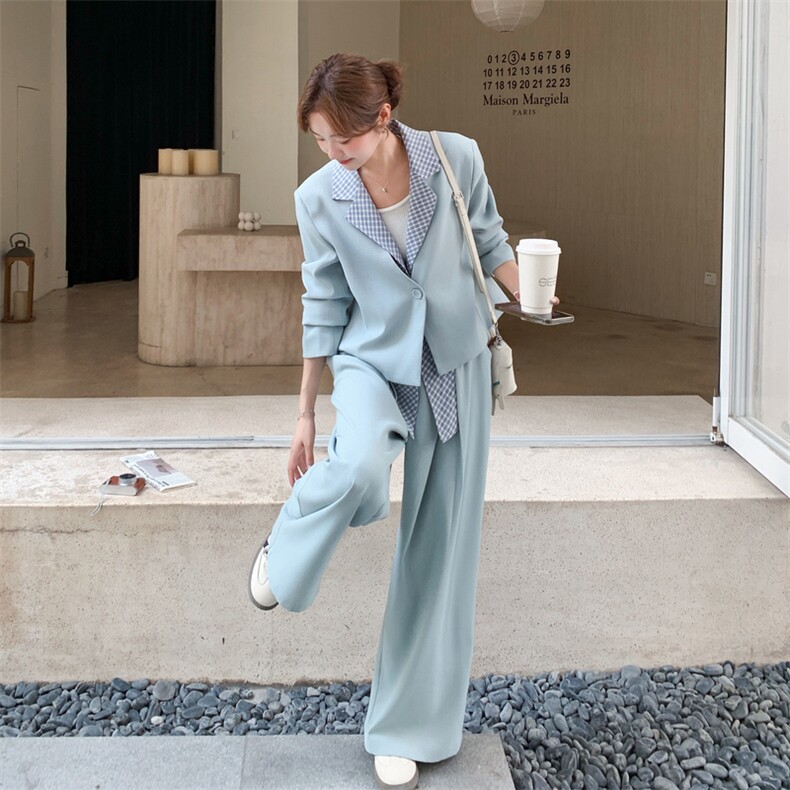 26春新款现-浅蓝温柔风拼接格子西装套装2628-P180K288,女装套装/套裙,2B190